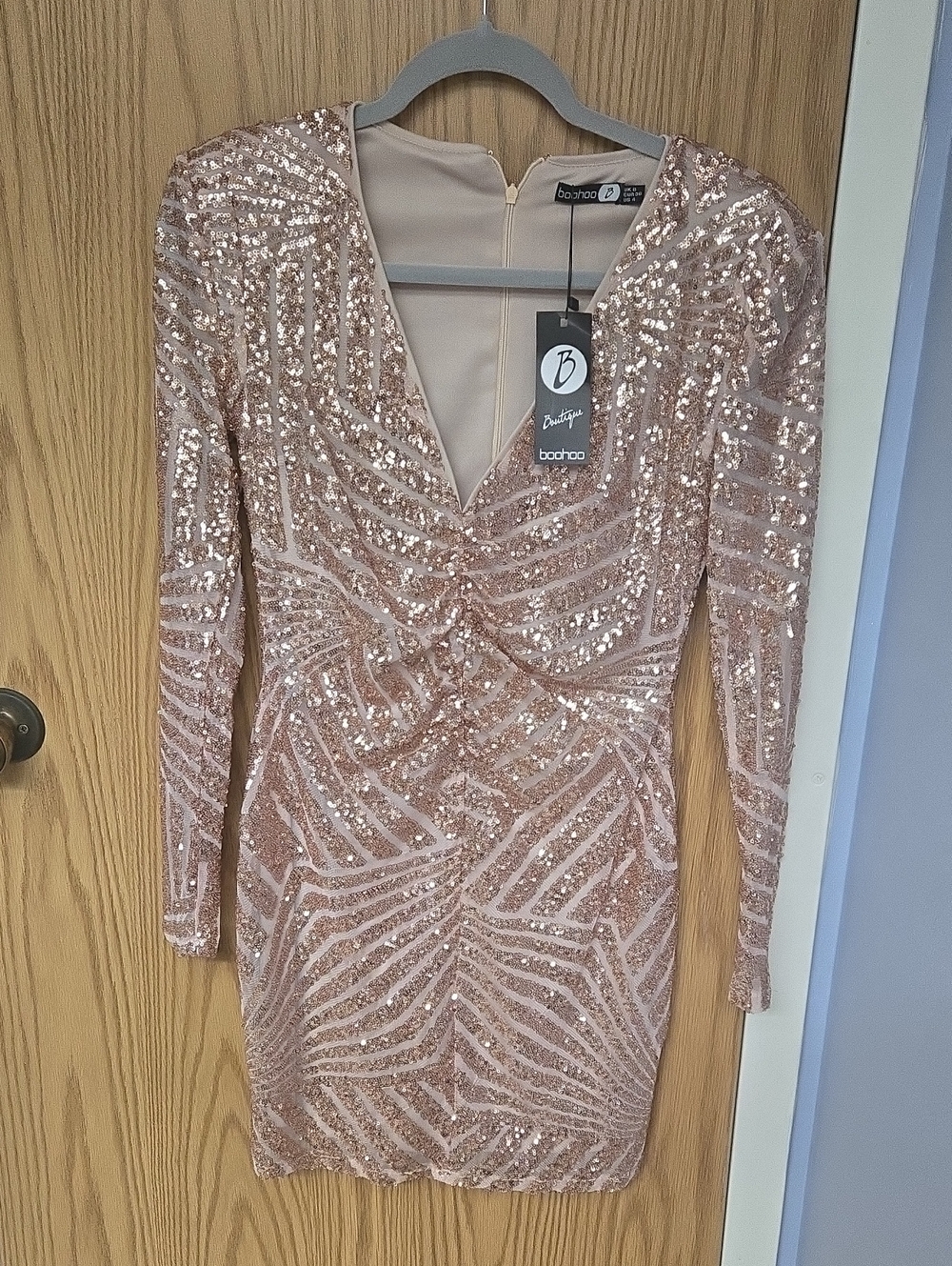 Boohoo Rose Gold Sequin Wrap-Front Long Sleeve Mini Dress
